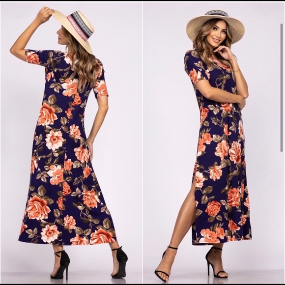 Navy buttery super soft women’s short sleeved maxi dress - Picture 2 of 4